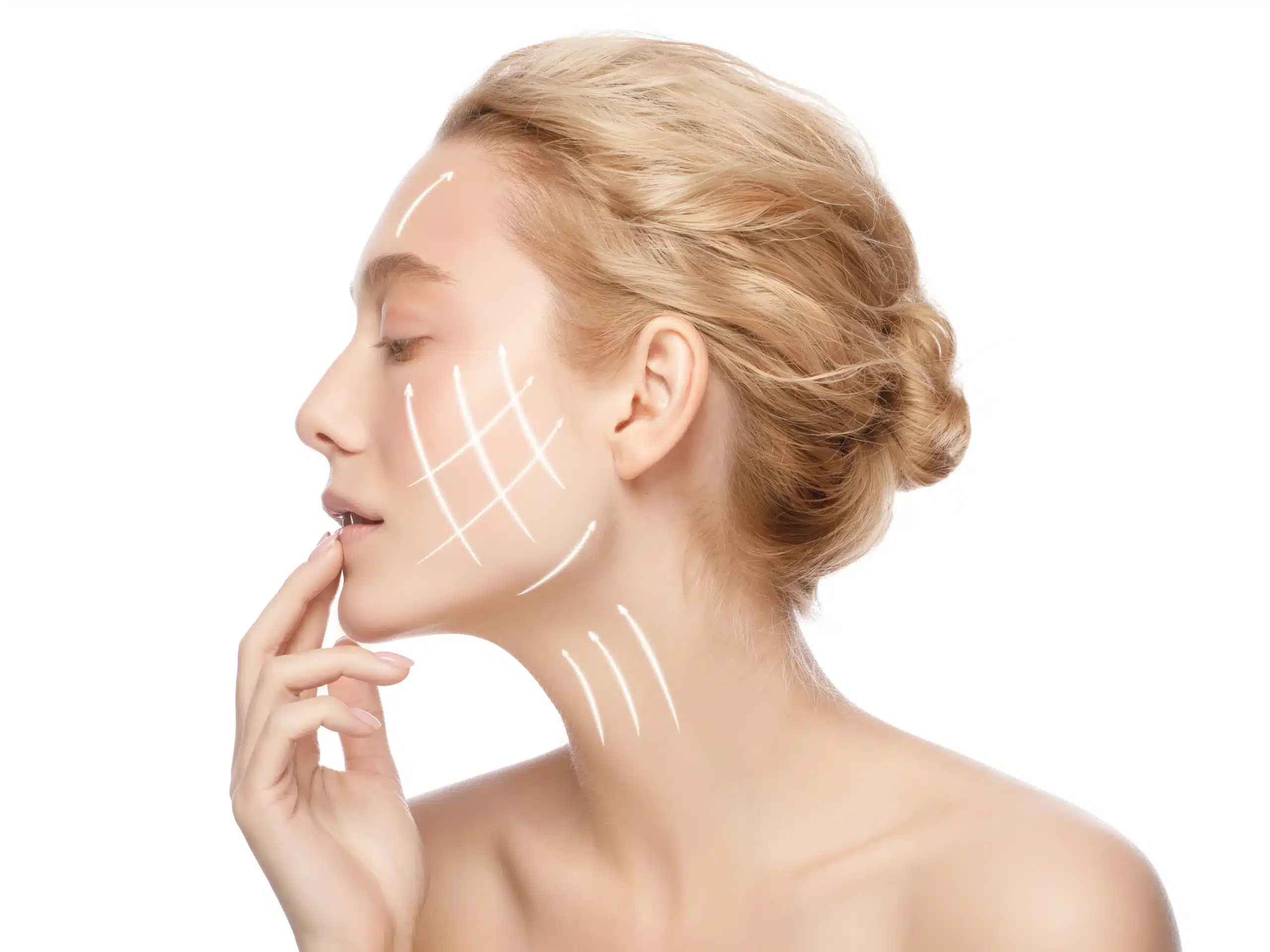 Face lift and anti aging concept. Side portrait of beautiful woman